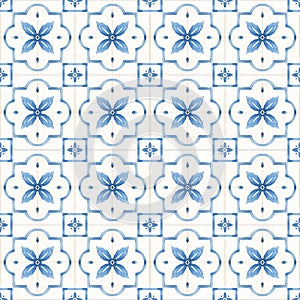 Beautiful seamless pattern with watercolor hand drawn blue dutch style tiles . Stock illustration.