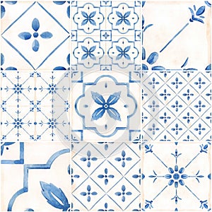 Beautiful seamless pattern with watercolor hand drawn blue dutch style tiles . Stock illustration.