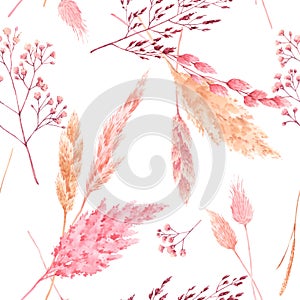 Beautiful seamless pattern with watercolor herbarium wild dried grass in pink and yellow colors. Stock illustration. photo