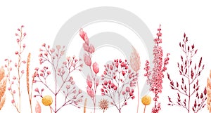 Beautiful seamless pattern with watercolor herbarium wild dried grass in pink and yellow colors. Stock illustration.