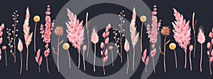 Beautiful seamless pattern with watercolor herbarium wild dried grass in pink and yellow colors. Stock illustration.