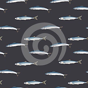 Beautiful seamless pattern with watercolor herring fish. Stock illustration.