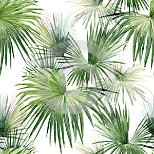 Beautiful seamless pattern with watercolor tropical palm leaves. Stock illustration.