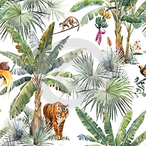 Beautiful seamless pattern with watercolor tropical palms and jungle animals tiger, giraffe, leopard. Stock illustration