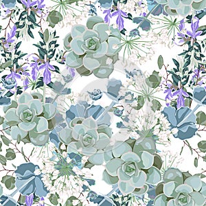 Beautiful seamless spring pattern with wild flowers and succulent. Vintage background