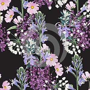 Beautiful seamless spring pattern with wild flowers. Vintage background