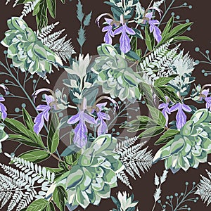 Beautiful seamless spring pattern with wild violet flowers, herbs and succulent.