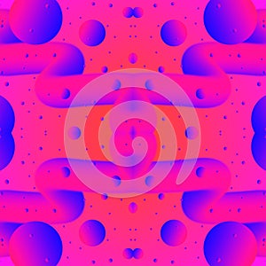 Beautiful seamless symmetrical abstraction with liquids and balls on a gradient background of lilac and red colors. 3D image