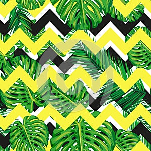 Beautiful seamless tropical jungle floral pattern background with palm leaves. Abstract striped geometric texture