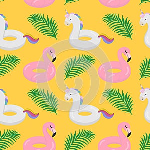 Beautiful seamless tropical pattern with Inflatable ring object with cute flamingo and unicorn shaped on a yellow background.
