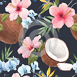 Beautiful seamless tropical pattern with watercolor hand drawn coconut, rose hibiscus and blue orchid. Stock