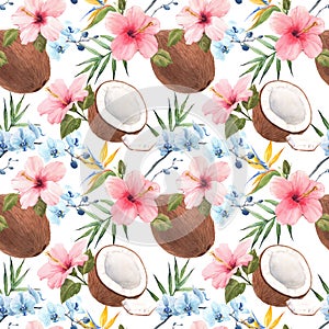 Beautiful seamless tropical pattern with watercolor hand drawn coconut, rose hibiscus and blue orchid. Stock