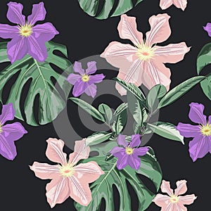 Beautiful seamless vector floral pattern, spring summer background with tropical flowers, palm leaves, ficus Elastica, clematis.