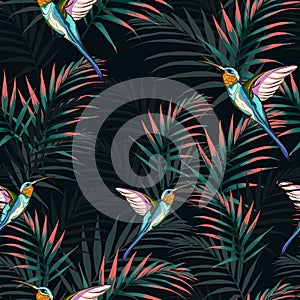 Beautiful seamless vector floral summer pattern background with hummingbird and bright palm leaves.
