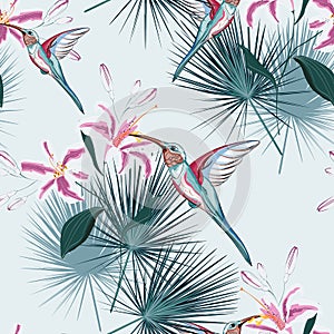 Beautiful seamless vector floral summer pattern background with hummingbird, tropical pink lilies flowers and palm leaves.
