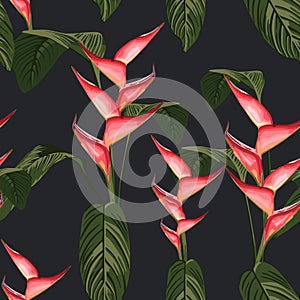 Green summer tropical background with exotic palm leaves and flowers.