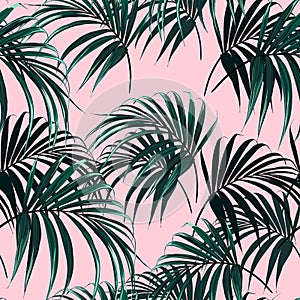 Beautiful seamless vector floral summer pattern background with tropical palm leaves.