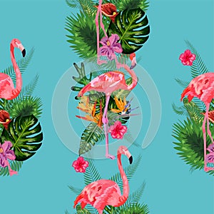 Beautiful seamless vector floral summer pattern background with tropical palm leaves, flamingo, hibiscus.