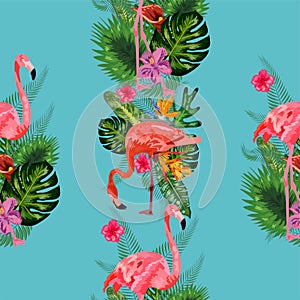 Beautiful seamless vector floral summer pattern background with tropical palm leaves, flamingo, hibiscus.