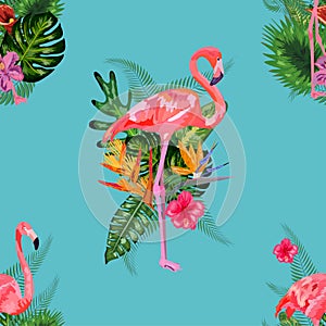 Beautiful seamless vector floral summer pattern background with tropical palm leaves, flamingo, hibiscus.