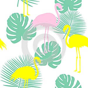 Beautiful seamless vector floral summer pattern background with tropical palm leaves, flamingo, hibiscus. Perfect for