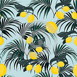 Beautiful seamless vector floral summer pattern background with tropical palm leaves and lemons.
