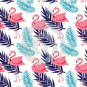 Beautiful seamless vector floral summer pattern background with tropical palm leaves and pink flamingo.