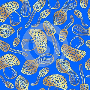 Beautiful seamless vector pattern of golden psilocybin mushrooms. Wallpaper of hallucinogenic mushrooms in golden colors. Fly