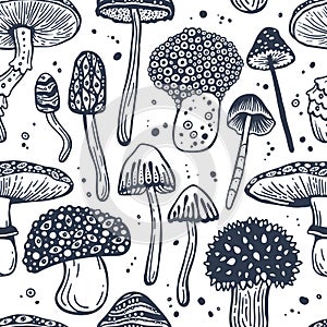 Beautiful seamless vector pattern of psilocybin mushrooms. Stylized image of hallucinogenic mushrooms. Fantasy hand drawn concept