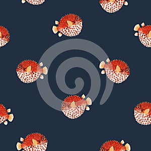 Beautiful seamless vector pattern with very cute watercolor hedgehog fishes. Stock illustration. Sea life wallpaper