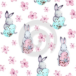 Beautiful seamless watercolor pattern with cute rabbit and pink flowers. Perfect for your project, pack