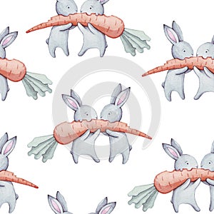 Beautiful seamless watercolor pattern with cute rabbits and carrot. Perfect for your project, packaging, wallpaper, cover des