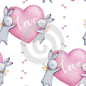 Beautiful seamless watercolor pattern with cute rabbits and pink hearts. Perfect for your project, packaging, wallpaper, cover des