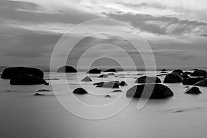 Beautiful seascape background, rock in the Irish Sea at Seascale beach, Cumbria, England, United Kingdom