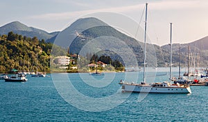 Beautiful seascape bay with luxury yachts at the coast of Mediterranean Sea, Ionian Island. Greece