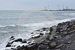 Beautiful seascape. Black Sea. Waves. Pebble beach.