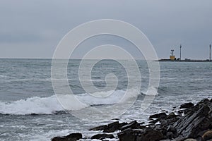 Beautiful seascape. Black Sea. Waves. Pebble beach.