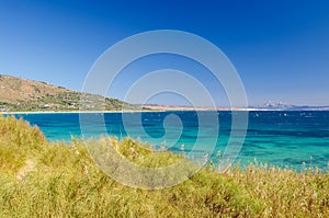 Beautiful seascape with blue sky and Atlantic ocean. Morocco and mount Jebel Musa on the background. Punta Paloma beach, Tarifa, P