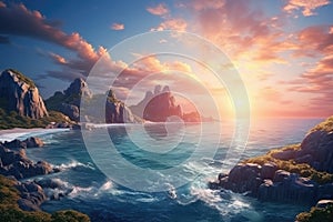 Beautiful seascape. Dramatic sunset over the sea, Fantasy Landscape with Mountain and the sea. rendering, AI Generated