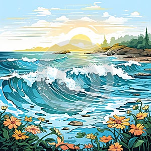 Beautiful seascape with flowers and waves. Vector illustration.