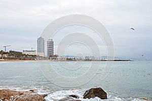 Beautiful seascape in front of Tower Mapfre and Hotel Arts at Port Olympic photo