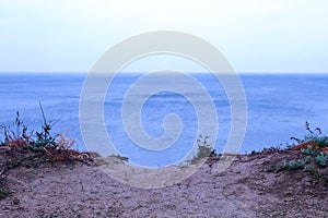 Beautiful seascape from mountain with blue sea and sky in overcast day.