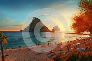 Beautiful seascape with mountain and people on the beach, Picturesque view of Cala d\'Hort tropical Beach, people hangout in