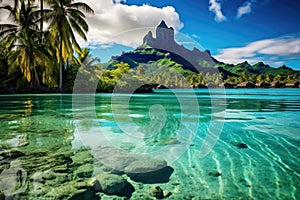 Beautiful seascape with mountain and turquoise water. A peaceful and tranquil lagoon in Bora Bora, French Polynesia, AI Generated