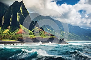 Beautiful seascape with mountains and ocean. 3D rendering, View on Na Pali Coast on Kauai island on Hawaii, AI Generated