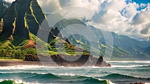 Beautiful seascape with mountains and ocean. 3D rendering, View on Na Pali Coast on Kauai island on Hawaii, AI Generated