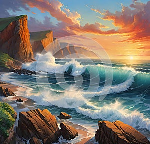 Beautiful seascape with ocean waves and cliffs at sunset.