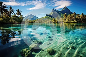 Beautiful seascape with palm trees and mountains in the background, A peaceful and tranquil lagoon in Bora Bora, French Polynesia