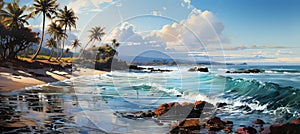 Beautiful seascape with palm trees and waves. 3d render. Ai generated
