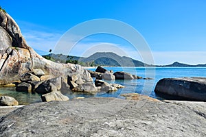 Beautiful seascape of rocky seashore sandy beach in Samui island, Thailand